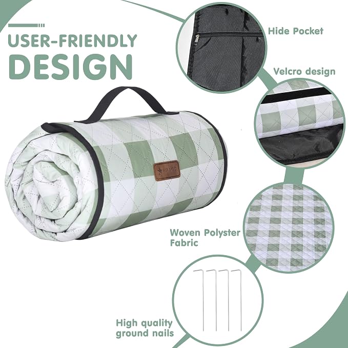 HX&OD Outdoor Picnic Blanket, Extra Large, 80''x60'' Waterproof Foldable Blankets Gingham Picnic Mat for Beach, Camping Grass Lawn Park Accessories Cute Couple Ideas Wedding (Green, 80”x60”)