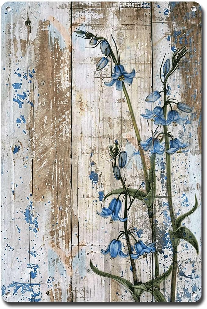 Metal Sign Tin Sign Vintage Wall Art Shabby Chic Bluebell Tin Sign for Woodland Enchantment Rustic Wall Art and Distressed Wood Panels Gardening Decor Gift for Club 6×8 Inches