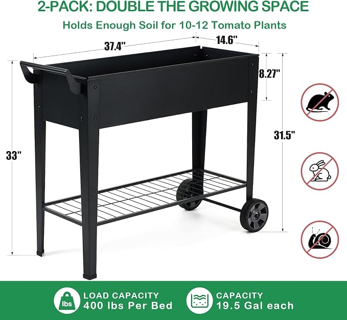 2-Pack 32”Height Elevated Raised Garden Bed with Wheels & Storage Shelf, 400 Lbs Capacity, Anti-Rust, Space-Saving Planter for Vegetables, Herbs, Patio, Balcony, Backyard