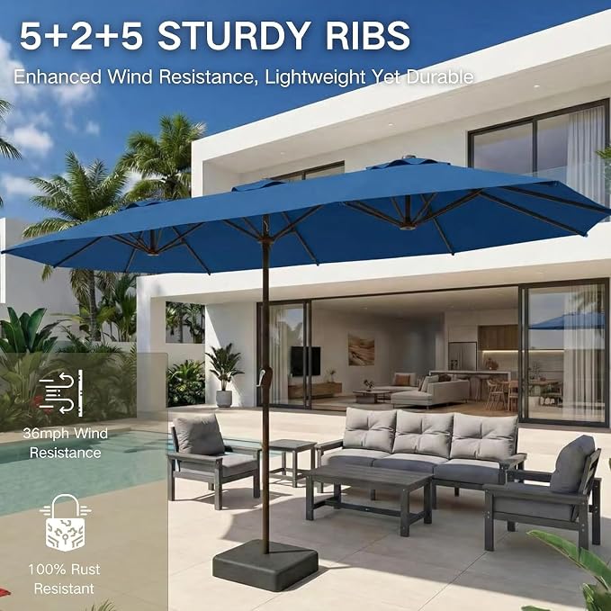 Kingdura 15ft Large Patio Umbrella with Base Included, Double-Sided Rectangle Outdoor Table Umbrella with 12 Reinforced Ribs, Crank Lift for Market Pool Deck Backyard, Royal blue