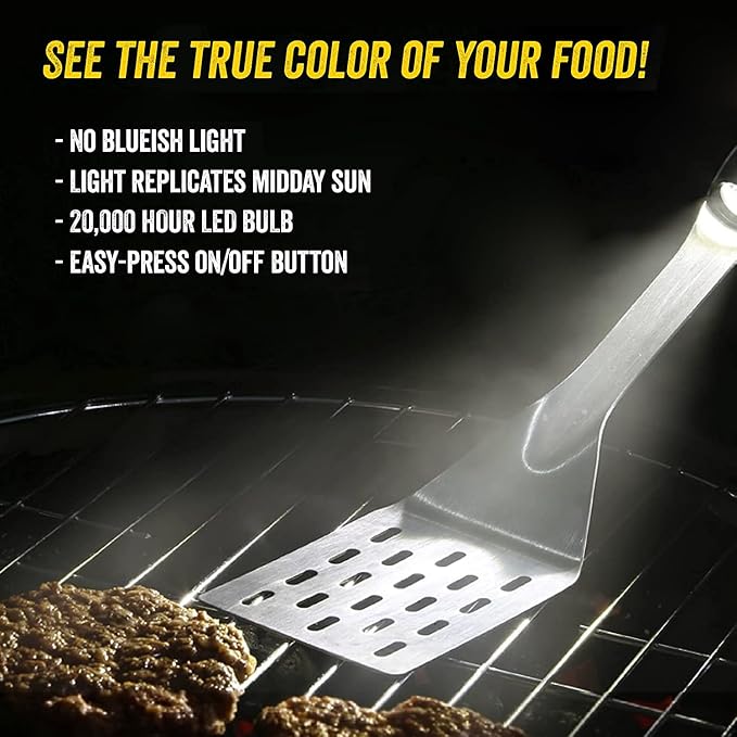 Grill Light Grill Spatula & Grilling Mats Gift Set | Restaurant Grade Stainless Steel | LED Light to Grill in The Dark | Waterproof & Dishwasher Safe | Camping Barbecue Grilling Spatula