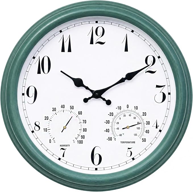 Outdoor Waterproof Wall Clock with Thermometer and Hygrometer Combo, 15 in Retro Battery Operated Garden Clocks for Indoor and Outside Patio Deck Pool -Not Silent (Turquoise)