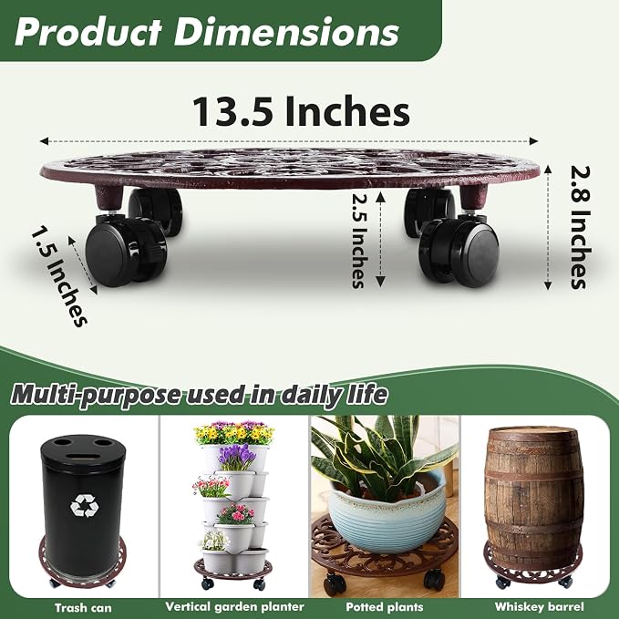 1 Packs 14 Inch Rolling Plant Stand with Wheels Metal Plant Caddy with Wheels Heavy Duty Round Plant Stand Indoor Iron Plants Rollers for Plants, Plant Dolly Brown