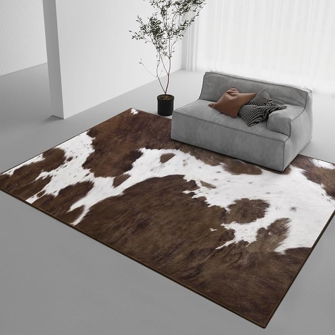 DweIke Cow Print Rug 6x9 – Brown Faux Cowhide Rugs, Washable Soft Non-Slip Stain Resistant Animal Cow Hide Carpet for Living Room Bedroom Dining Room Office, Western Home Decor