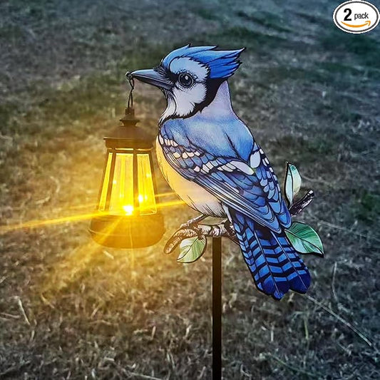 2 Pack Solar Lanterns Outdoor Decor Solar Bule Jay Lanterns Solar Cardinal Redbird Lights Metal Stake Yard Garden Decor Art Figurine Waterproof LED Lights Gifts for Mom Grandma Women(Blue Jay)