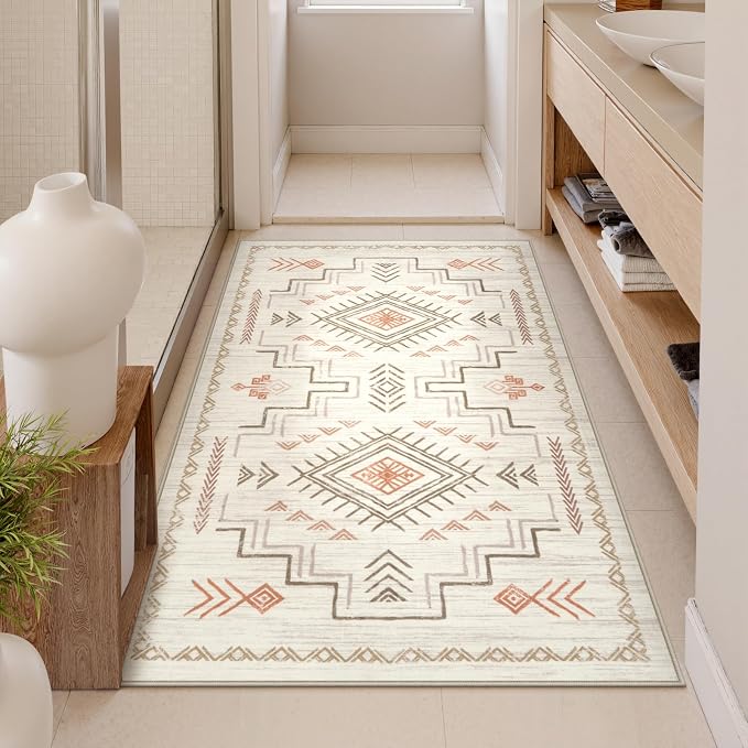STARUIA 3x5 Washable Area Rug Western Clearance, Non-Slip Small Entryway Rug Beige Aztec Tribal Classic Boys Rug for Bedroom Low-Pile Carpet for Indoor Kitchen Bathroom(Beige 3'x5')
