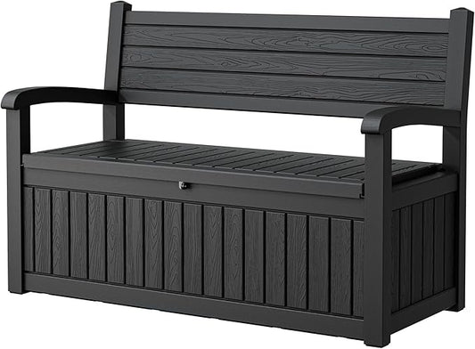 80 Gallon Outdoor Storage Box,Resin Stripes Deck Box Doubles as 2-Person Bench Seat,Waterproof Storage Outdoor Porch Bench for Cushions,Garden Tools and Pool Supplies Black