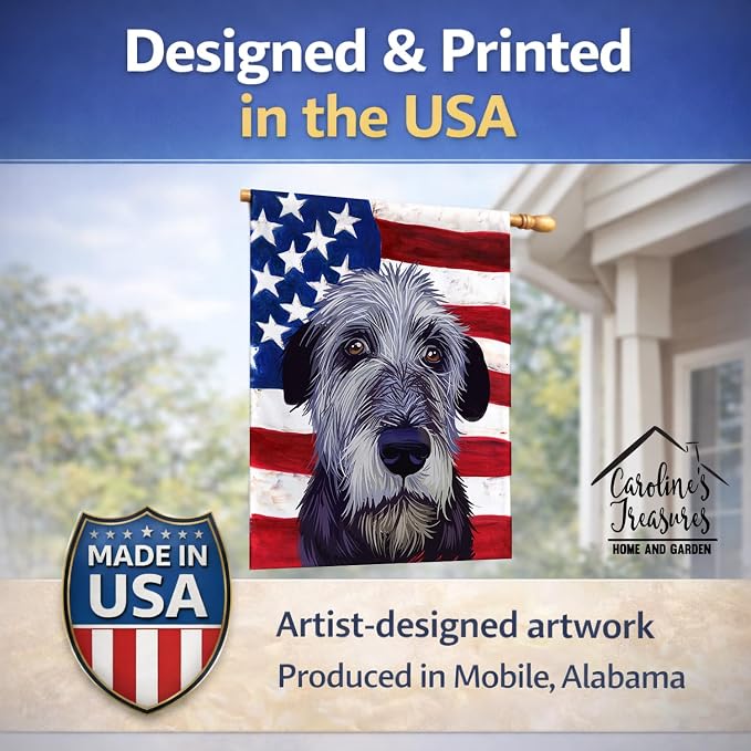 Caroline's Treasures CK6573CHF Irish Wolfhound American Flag House Flag Large Porch Sleeve Pole Decorative Outside Yard Banner Artwork Wall Hanging, Polyester, House Size, Multicolor