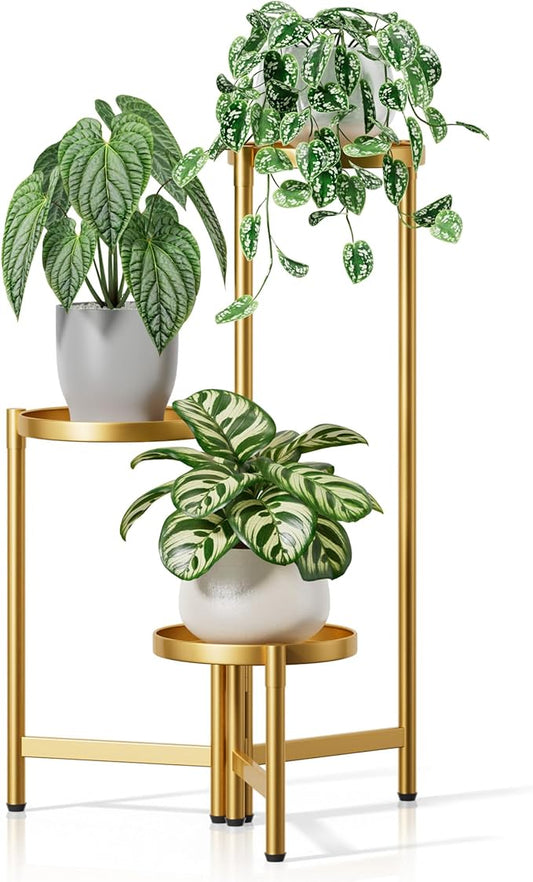 3 Tiered Plant Stand Indoor for Multiple Large Planter, Tall Heavy Duty Adjustable Folding Rack with Rustproof 7.9 Inch Wide Tray, Gold Plant Shelf for Corner Living Room - GoldDisk