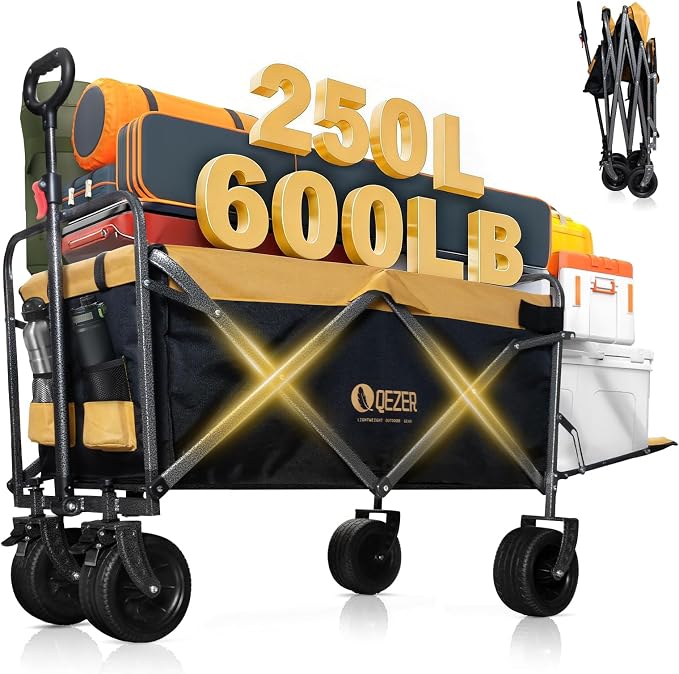 56" Large Collapsible Folding Wagon with Tailgate and Brake, 600LBS Heavy Duty Utility Cart, 250L Large All-Terrain Beach Wagon for Camping Garden Shopping Grocery Sports