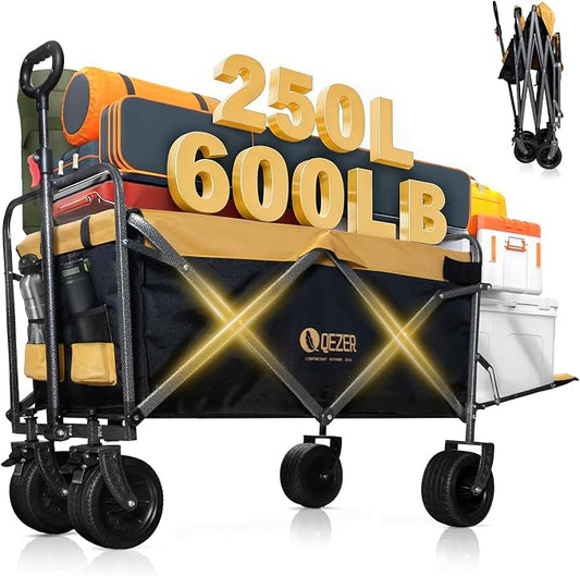 56" Large Collapsible Folding Wagon with Tailgate and Brake, 600LBS Heavy Duty Utility Cart, 250L Large All-Terrain Beach Wagon for Camping Garden Shopping Grocery Sports