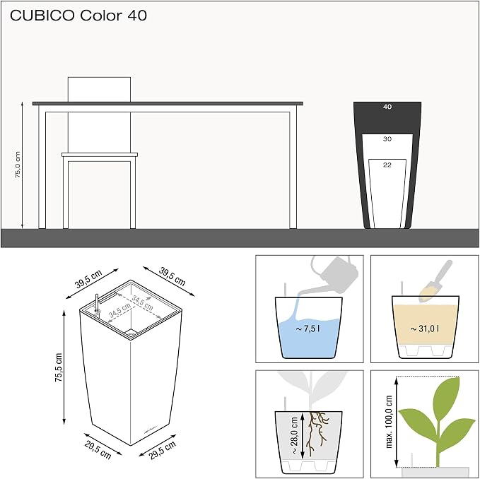 Lechuza 13150 Cubico Color 40 Self-Watering Planter for Indoor and Outdoor Use, 16" x 16" x 30", White