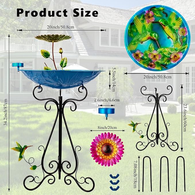 DREAMSOUL 20" Dia Bird Bath Stand Metal Birdbath with Folding Bracket, 2 in 1 Hummingbird Deep Bird Bath for Outside
