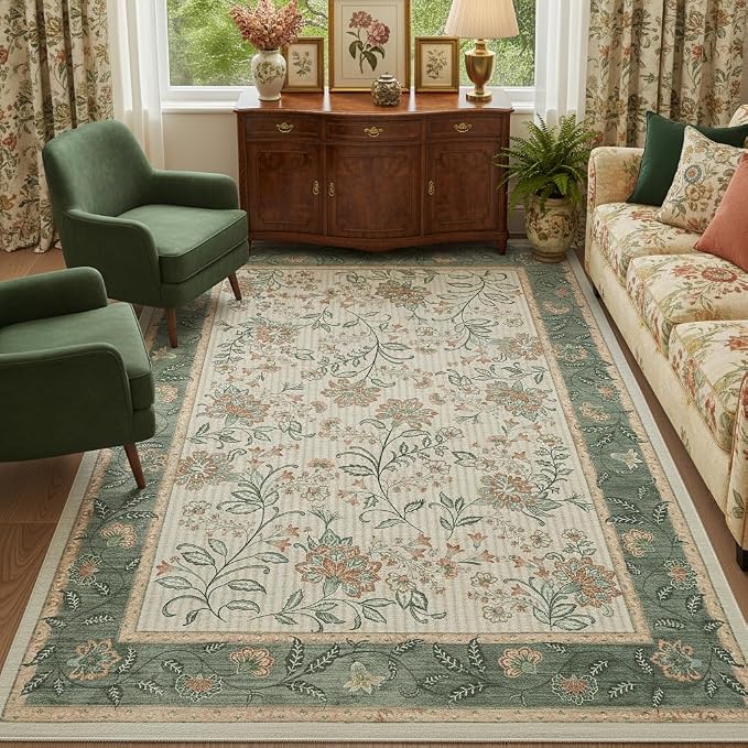 GarveeHome 4x6 Sage Green Washable Area Rug Bedroom Non Slip Nursery Room | French Country Floral Rug Low Pile Carpet Stain Resistant Throw Rug for Dining Room Bedside Kids Room Office