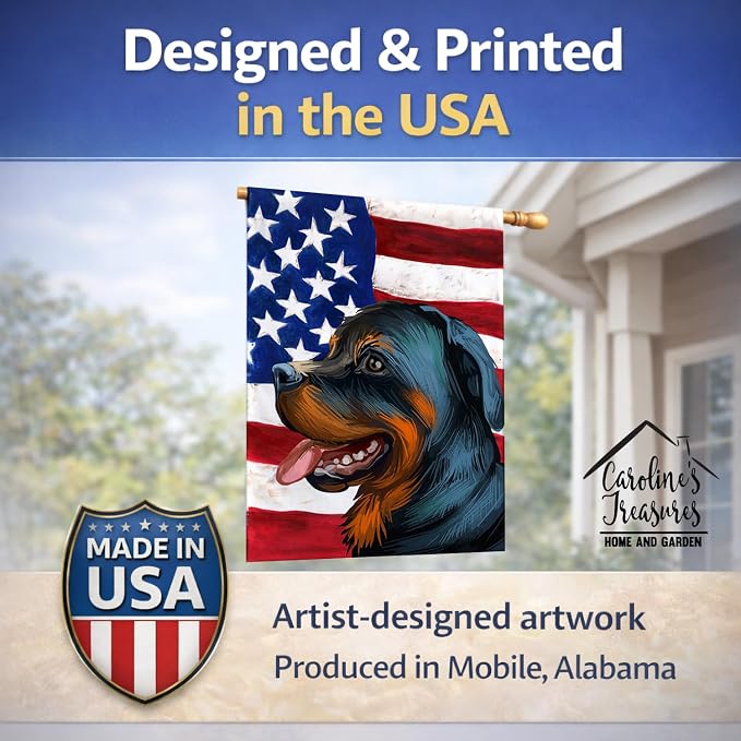 Caroline's Treasures CK6677CHF Rottweiler Dog American Flag House Flag Large Porch Sleeve Pole Decorative Outside Yard Banner Artwork Wall Hanging, Polyester, House Size, Multicolor