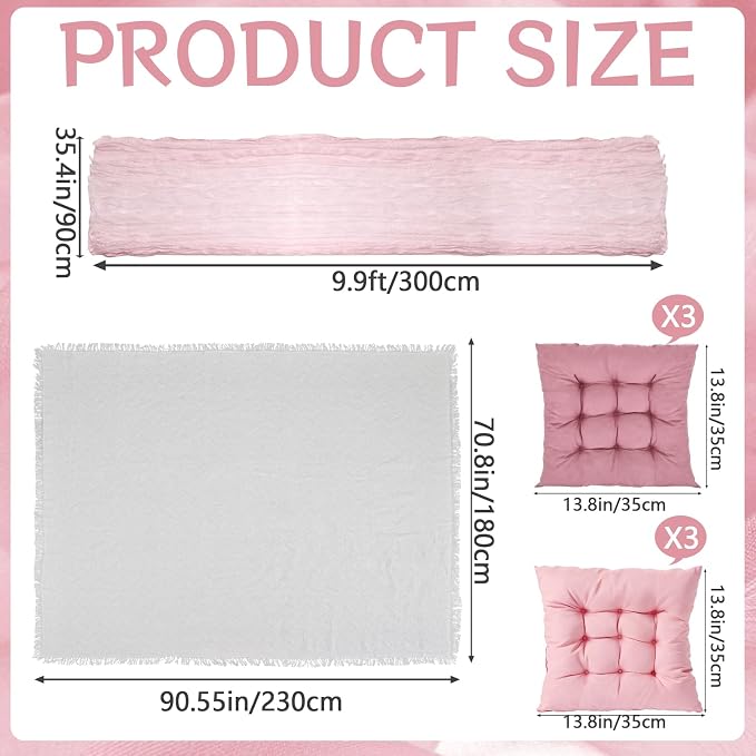 90 x 70.8 Extra Large Outdoor Boho Picnic Blanket with Pink Table Runner and 6 Throw Floor Pillow Cushion Woven Cotton Yarn Beach Blanket for Picnic Wedding Birthday Baby Shower Backyard Decor
