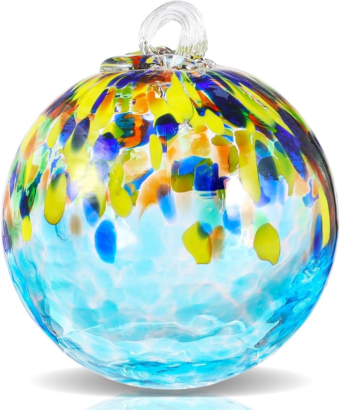 VOREEN 4" Hanging Glass Garden Gazing Ball Hand Blown Glass Witch Ball Christmas Ornament Friendship Balls for Outdoor Garden Patio Window Home Décor, Gift for Mom Wife Friend, Blue Ocean