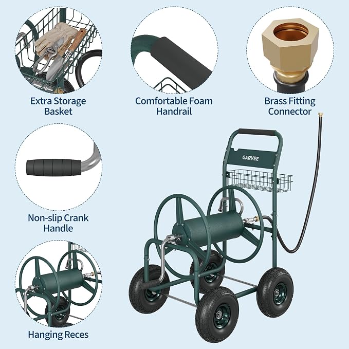Garvee Garden Hose Reel Cart with Wheels, Hold Up to 300 ft of 5/8’’ Hose, Heavy Duty Water Hose Reel with Storage Basket, 4 Large Pneumatic Tires, Mobile Outdoor Hose Storage for Garden, Yard, Farm