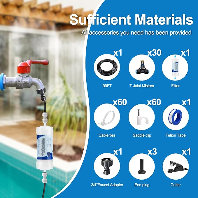 Misters for Outside Patio, Outdoor Water Misting Cooling System,99FT|30M. Backyard Mist Kit for Garden, Greenhouse, Fan,Deck,Umbrella,Canopy,Pool,Porch,Trampoline,Park,BBQ Party Accessories