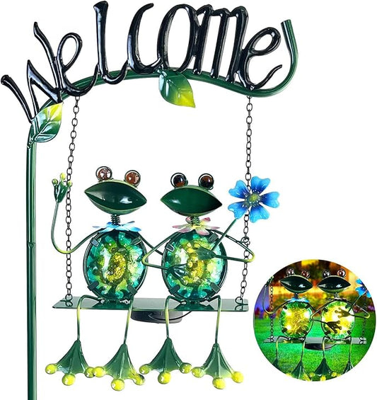 Solar Lights Outdoor Waterproof, Frog Swing Garden Decor, Frog Decorative Stake with Welcome Sign Landscape Patio Yard Gifts for Women Mom (48 inch)