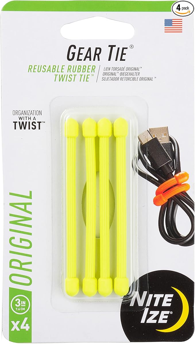 Nite Ize GT3-4PK-33 Original Gear Tie, Reusable Rubber Twist Tie, 3-Inch, Neon Yellow, 4 Pack, Made in the USA