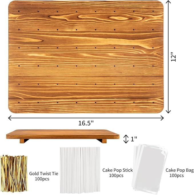 48-Hole Wooden Cake Pop Stand for Drying/Display ，300 Accessories（Cake Pop Bag x100，Gold Twist Tie x100，Cake Pop Stick x100）- Dessert Table Holder for Birthdays, Baby Shower, Weddings