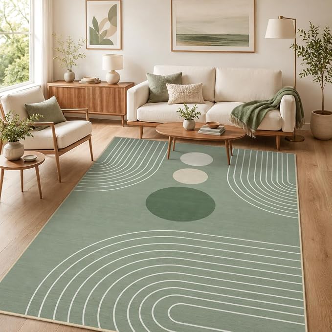 Boho Rug 4x6 Modern Geometric Minimalist Abstract Area Rug for Living Room Sage Green Mid Century Modern Contemporary Machine Washable Non-Slip Printed Low-Pile Carpet Dining Room Bedroom Office