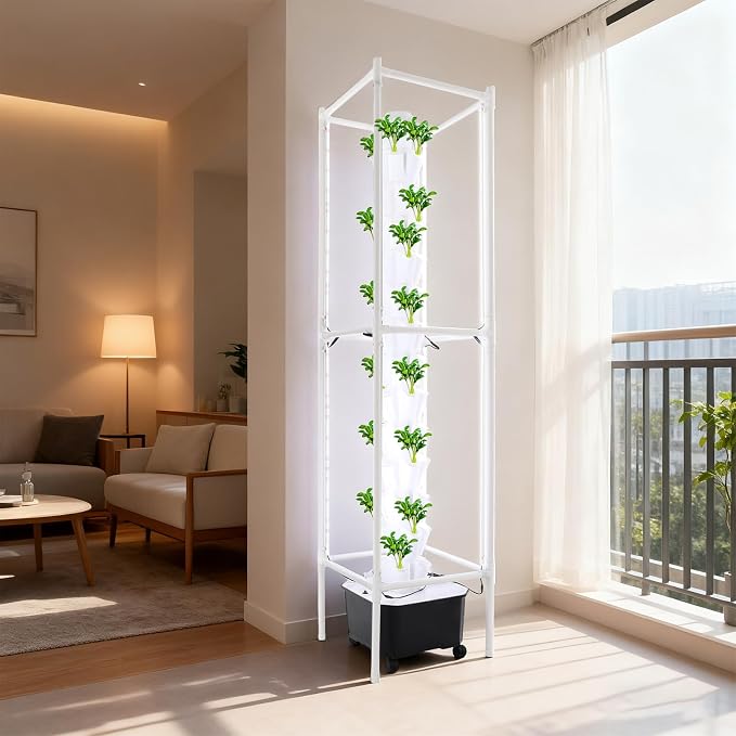 Hydroponic Grow Tower 14 Tiers 70 Holes with LED Grow Lights, 25L Indoor Vertical Hydroponic Growing System with Timer & Water Pump, Automatic Water Circulation for Vegetables, Herbs, Strawberries
