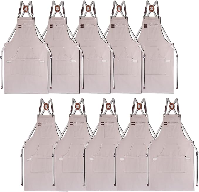 10 Pack Kitchen Apron, Work Apron, Canvas Apron, Grey | Multiple Pockets, Gardening, Painting, BBQ, Artist, Carpenter, Sizes M to XXL