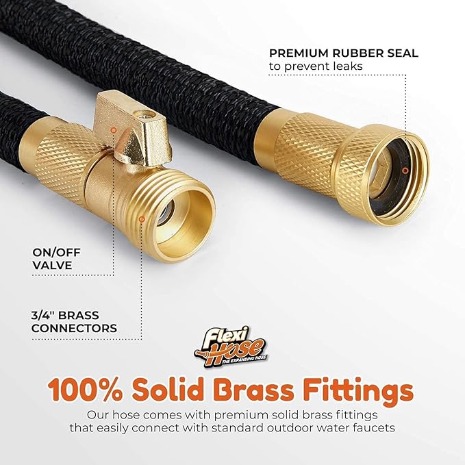 Flexi Hose Expandable Garden Hose with 8 Function Nozzle, 50FT - Lightweight Retractable Garden Hose, Water Hose - No-Kink Flexibility, 3/4 Inch Solid Brass Fittings and Double Latex Core