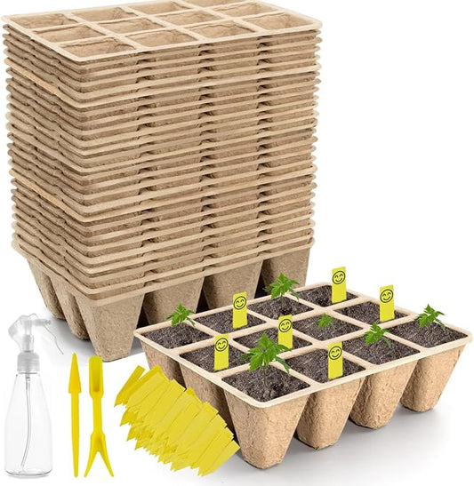 480 Cells Seed Starter Tray, 40 Pack Biodegradable Seed Starter Kit, Peat Pots for Seedlings with 400 Plant Labels, 2 Seed Planting Tool and 1 Spray Bottle