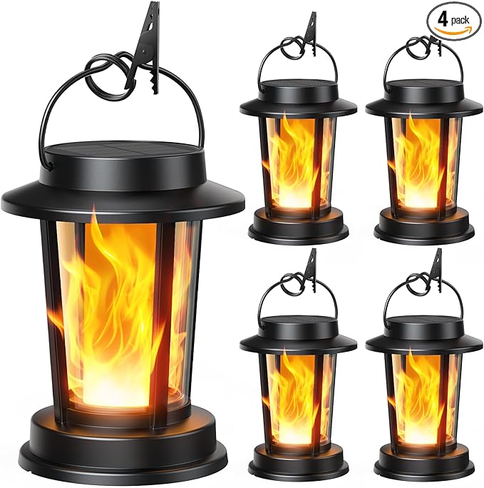 Solar Lanterns Outdoor Waterproof, 4 Pack Upgraded Flickering Flame Solar Lights Outdoor, Solar Powered Lanterns Decorative, Hanging Solar Lantern for Garden Patio Porch Yard Path Tree Decor