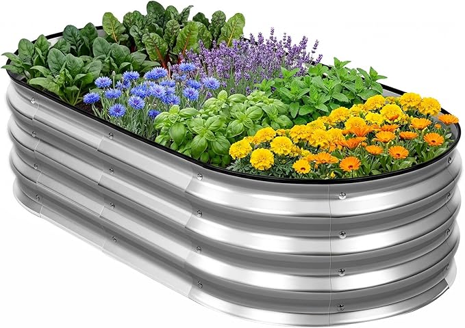 DUMOS Galvanized Raised Garden Bed, 4x2x1ft Outdoor Metal Planter Box, Heavy-Duty Planter Raised Bed for Vegetables Herbs Flowers, Oval Rustproof Flower Beds for Backyard Patio, Open Bottom