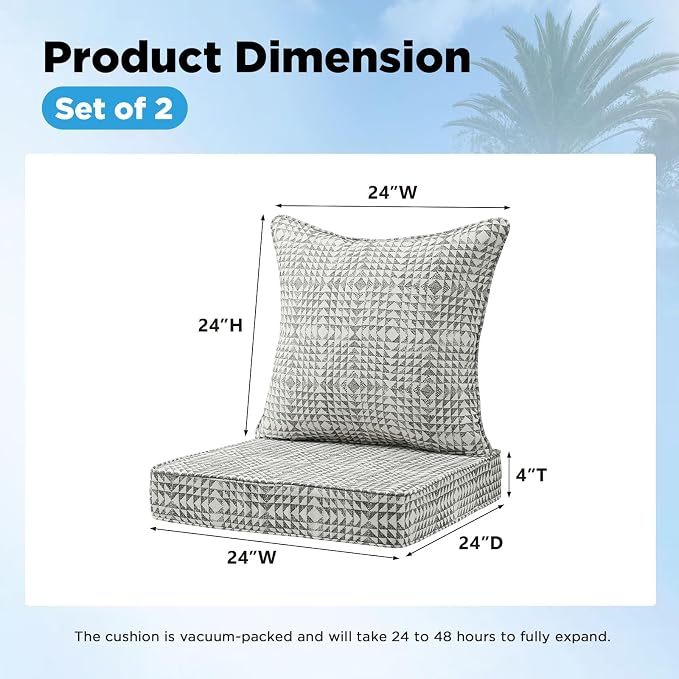 Sunbrella Outdoor Deep Seat & Back Cushion Set (2-Pack), 24 x 24 Inch Water Repellent and Fade Resistant Patio Furniture with Removable Cover for Outside Sofa Couch, Runa Classic