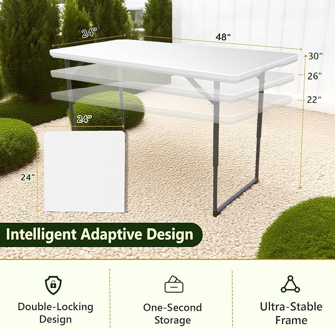 Folding Table, 4FT Foldable Picnic Table with Adjustable Height, Heavy Duty Fold-in-Half Portable Table for Weddings, Camping, RV Travel, Parties, BBQs, and Indoor Use, Easy to Fold and Store