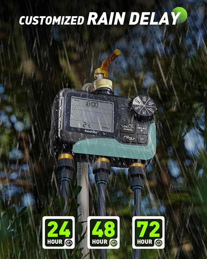 RAINPOINT 3 Zone Water Timer with Brass Inlet & Outlet, 3 Custom Watering Plans Sprinkler Timer, Featuring IP65 Waterproof,Rain Delay, Manual & Automatic Watering with Large LCD for Yard, 2026 Ver.