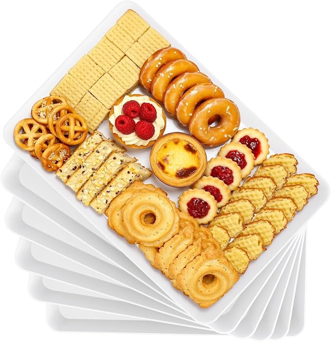 6-Pack Serving Tray, Serving Platter for Parties, Entertaining, Camping & Food Display, Reusable & Stackable Plastic Trays in Kitchen, Rectangular Food Platters for Cookie, Appetizer(White)