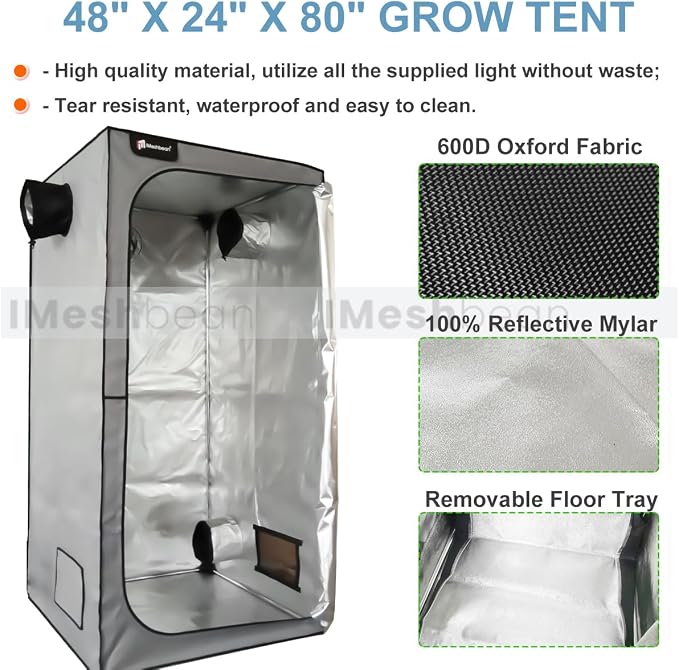Grow Tent Kit, Complete 4x2 ft High Reflective Mylar Hydroponics Indoor Plant Growing Tent with LED Grow Light Ventilaion Fan Growing System+Accesseries (48" x 24" x 80" - Gray)