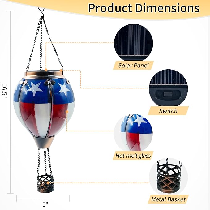 Glass Solar Hot Air Balloon Lantern with Flame Hanging Garden Flickering Light Outdoor Waterproof for Yard Patio Tree 4th of July Decorations, Flag-C