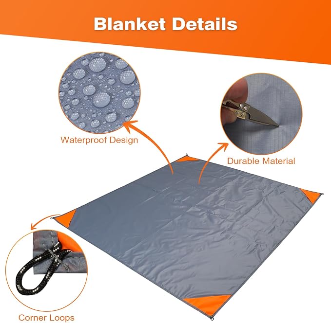 Pocket Picnic Blanket 60"x50" Foldable Compact Beach Camping Mat with Storage Bag for Hiking Travel Outdoor Recreation