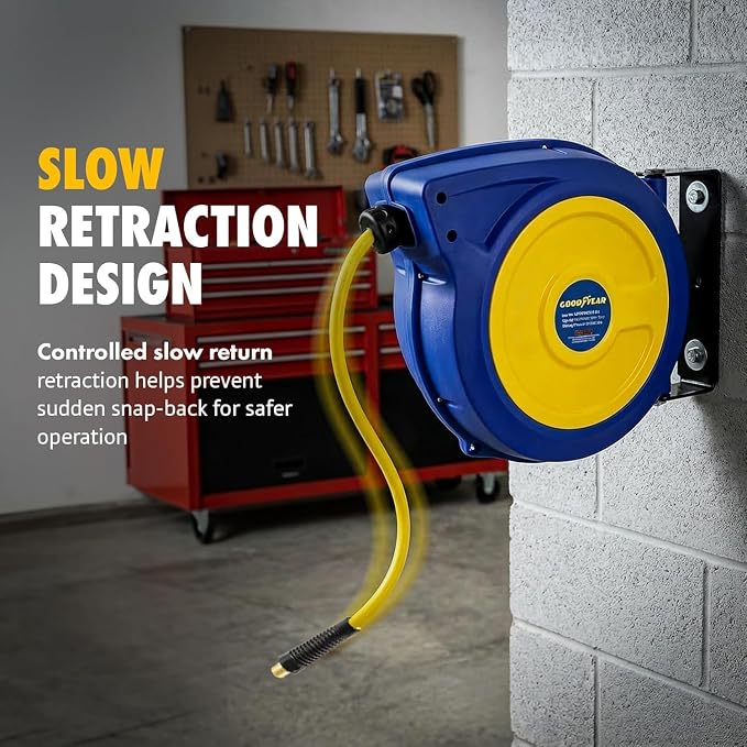 Goodyear Retractable Air Hose Reel with Safety-Speed Control, 3/8" x 50 FT, 300 PSI Hybrid Polymer Hose, Automatic Rewind, Stop-Anywhere Lock, Slow Retraction, Leak-Proof Swivel