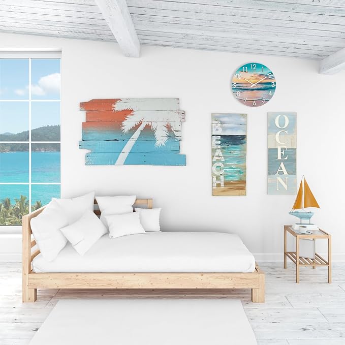12 Inch Outdoor Clock – Waterproof Tempered Glass with Sunset Beach Scene, UV Resistant, Battery Operated, Silent, Coastal Decor for Patio, Pool, Garden, Porch & Bathroom