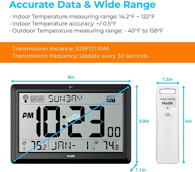 HODIK Wall Clock Atomic with Indoor Outdoor Temperature Battery Powered, Easy Reading with 10.5 Inch LCD Display, 330FT Range Table Wall Clock with DST, 12/24 Hour for Living Room Kicthen (Black)