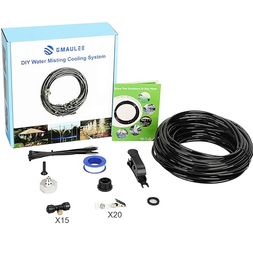 GMAULEE Misting Cooling System, DIY 49.2 FT(15M) Misting Line +15 Brass Mist Nozzles+ a Brass Connector(3/4'') Outdoor Mister System for Patio Waterpark Garden Trampoline Greenhouse