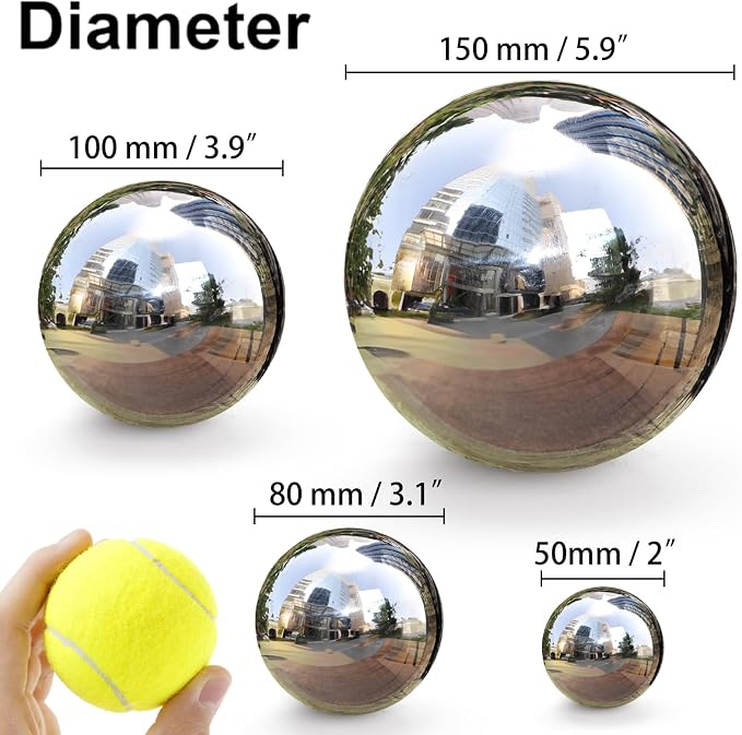 10 Pack Stainless Steel Gazing Balls, 50-150 mm Garden Mirror Globe Floating Pond Sphere, Silver Polished Hollow Ball Reflective Ornament for Home Yard Outdoor Lawn Decoration