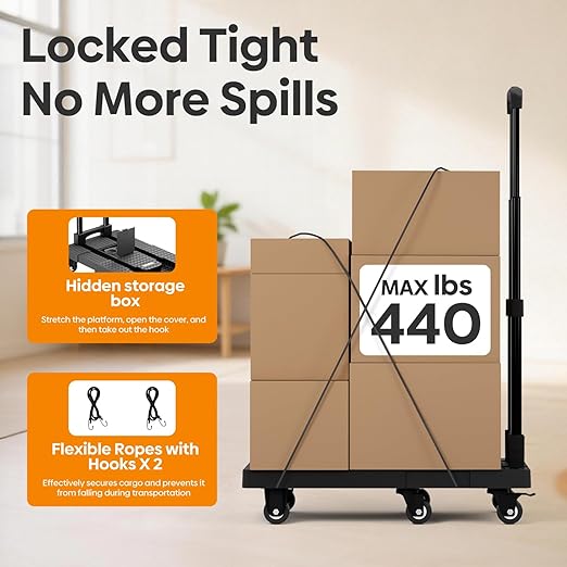 No Assembly Folding Hand Truck 440lbs, Dolly Cart with Wheels & Upright Lock, Extendable Heavy Duty Foldable Dolly for Luggage, Travel, Office & Dorm, Carrito de Carga