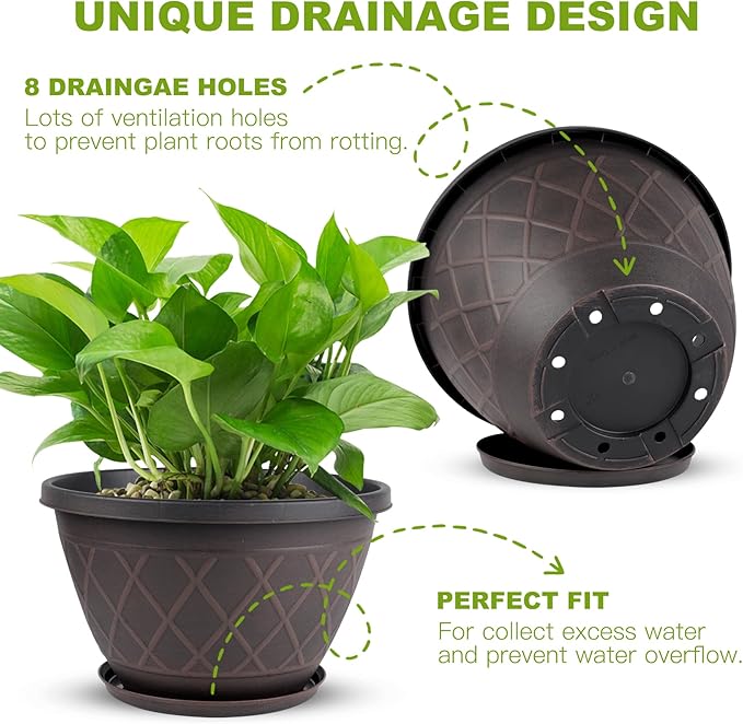 4 Pack 12 Inch Pots for Plants, Decorative Plastic Flower Pots with Drainage Hole & Saucer, Modern Large Planters for Outdoor Indoor Plants, Garden, Balcony, and Home Decor (Brown)