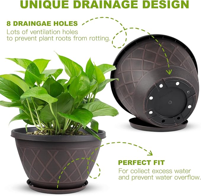4 Pack 10 Inch Plant Pot, Planter Pots with Drainage Holes & Saucers, Modern Plaid Pattern Planters Garden Pots for Herbs, Decorative Plastic Flower Pots for Outdoor Indoor Home Plants (Brown)