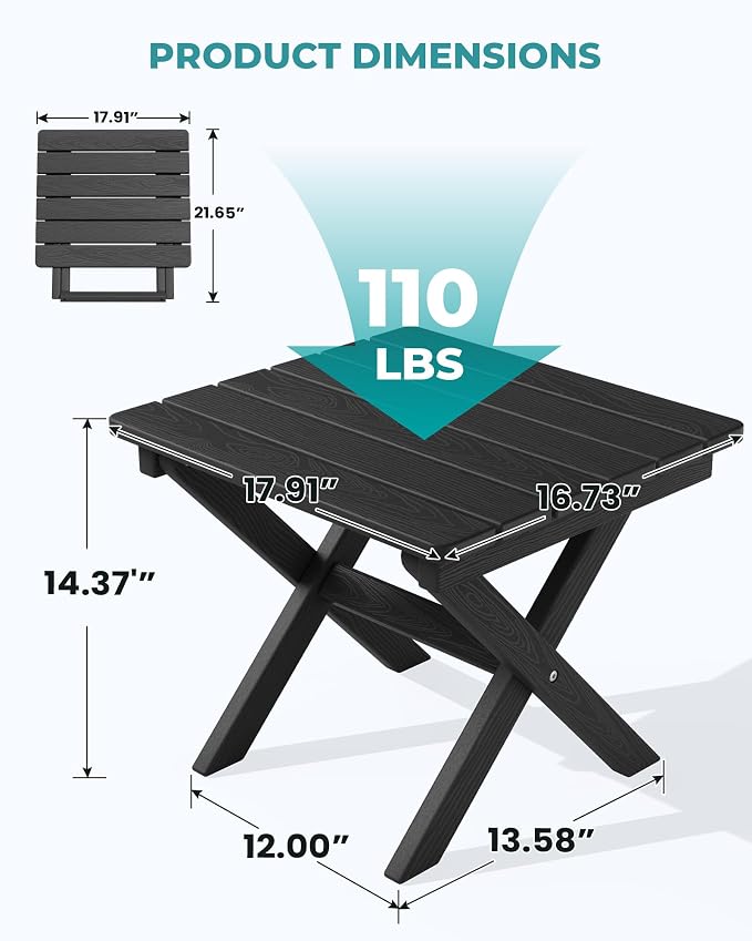 SERWALL Folding Outdoor Side Table Set of 4, Small Adirondack Side Table, Black