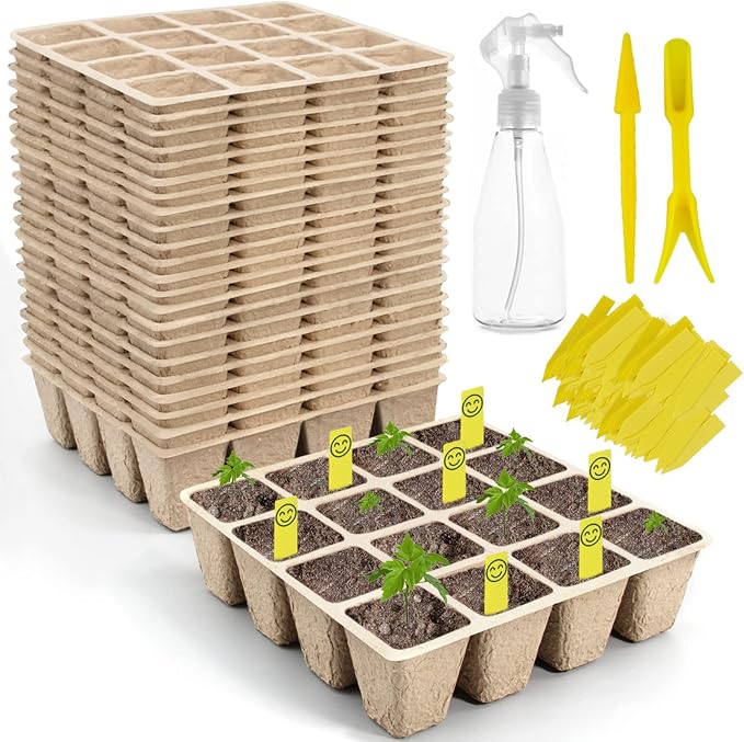 320 Cells Seed Starter Tray, 20 Pack Seed Starter Kit, Peat Pots for Seedlings with 200 Plant Labels, 2 Seed Planting Tool and 1 Spray Bottle